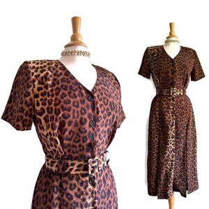 1990s vintage leopard belted midi dress size 8 medium large